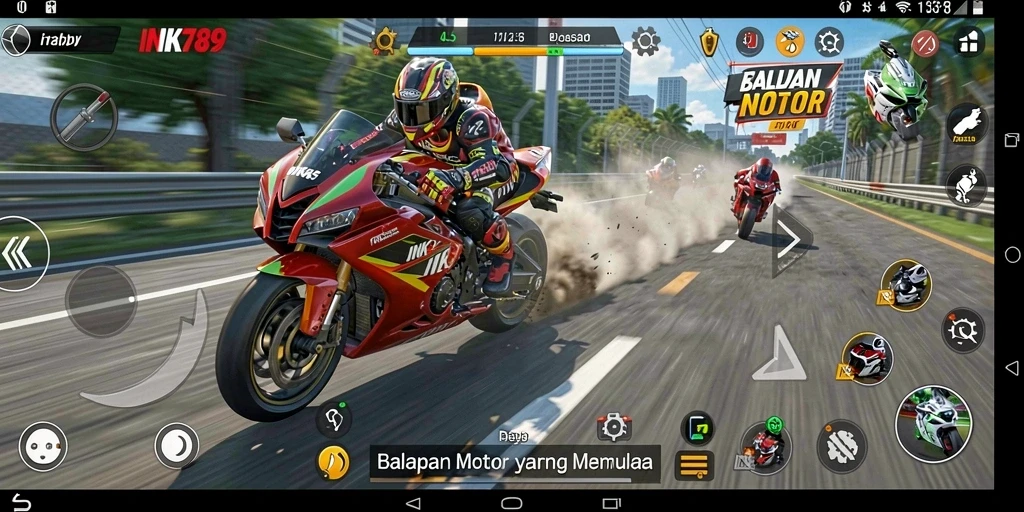 Screenshot utama INK789 menampilkan aksi balapan motor mendebarkan.
