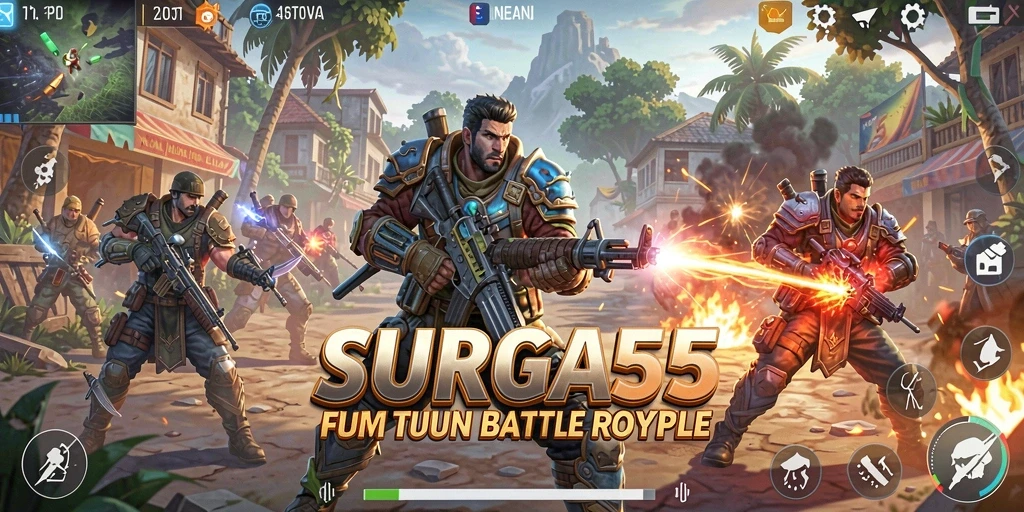 Gameplay seru dalam SURGA55 dengan pertarungan Battle Royale.