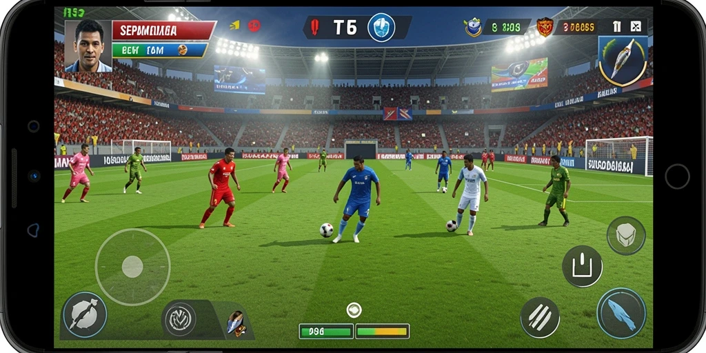 Tampilan gameplay seru di T6 saat berlaga di lapangan sepak bola.
